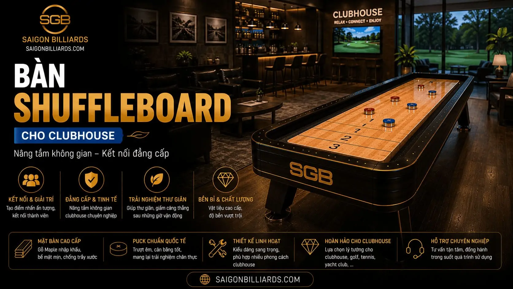Infographic tóm tắt thông tin quan trọng về bàn shuffleboard clubhouse.