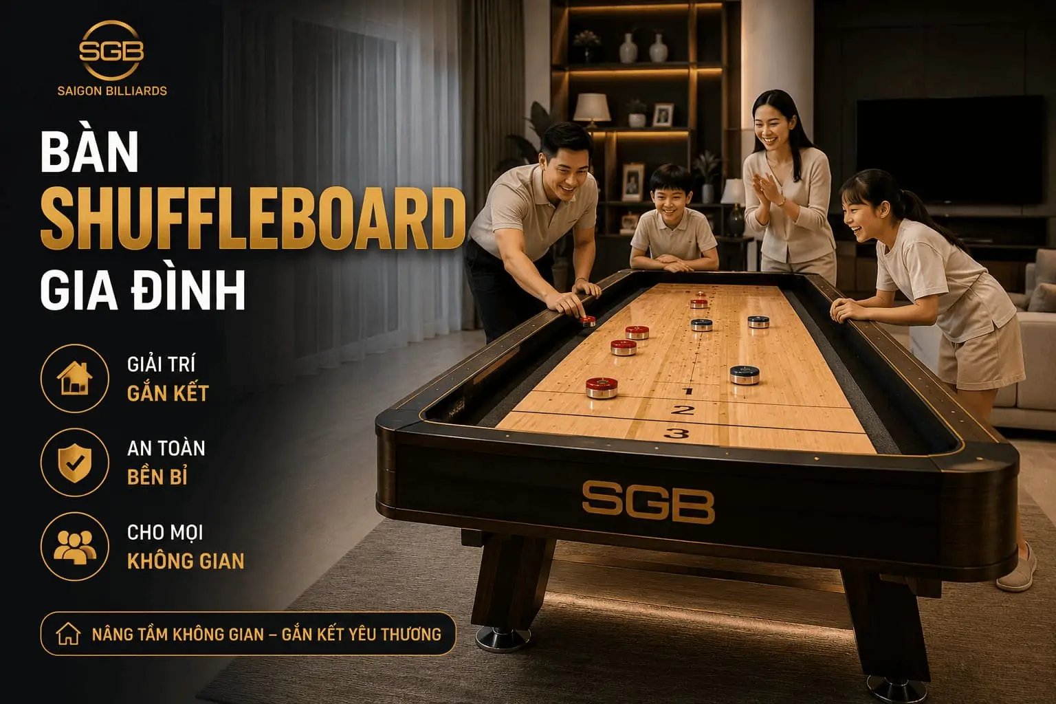 Infographic tóm tắt thông tin quan trọng về bàn shuffleboard gia đình.