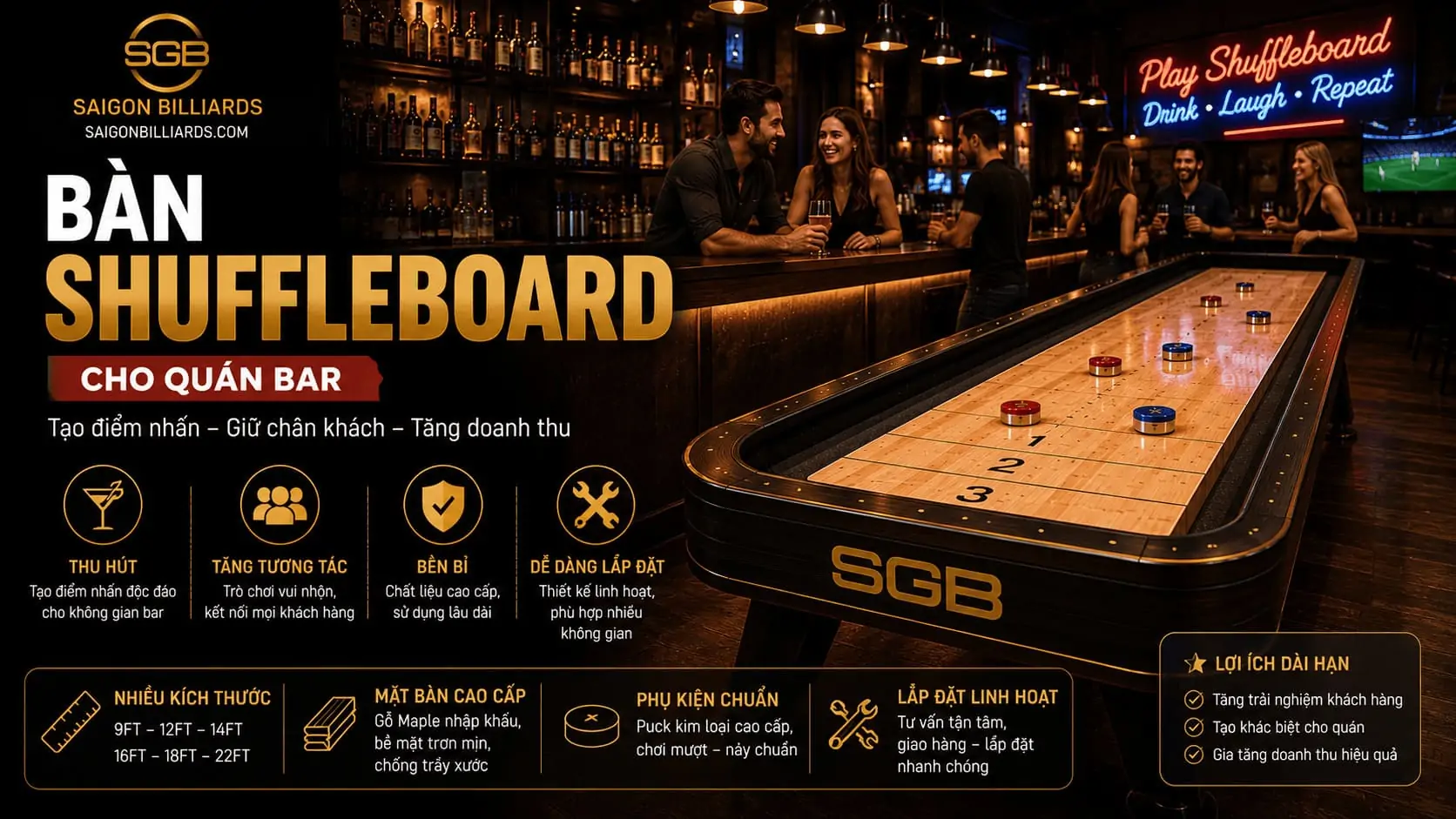 Infographic t&oacute;m tắt th&ocirc;ng tin quan trọng về b&agrave;n shuffleboard qu&aacute;n bar.