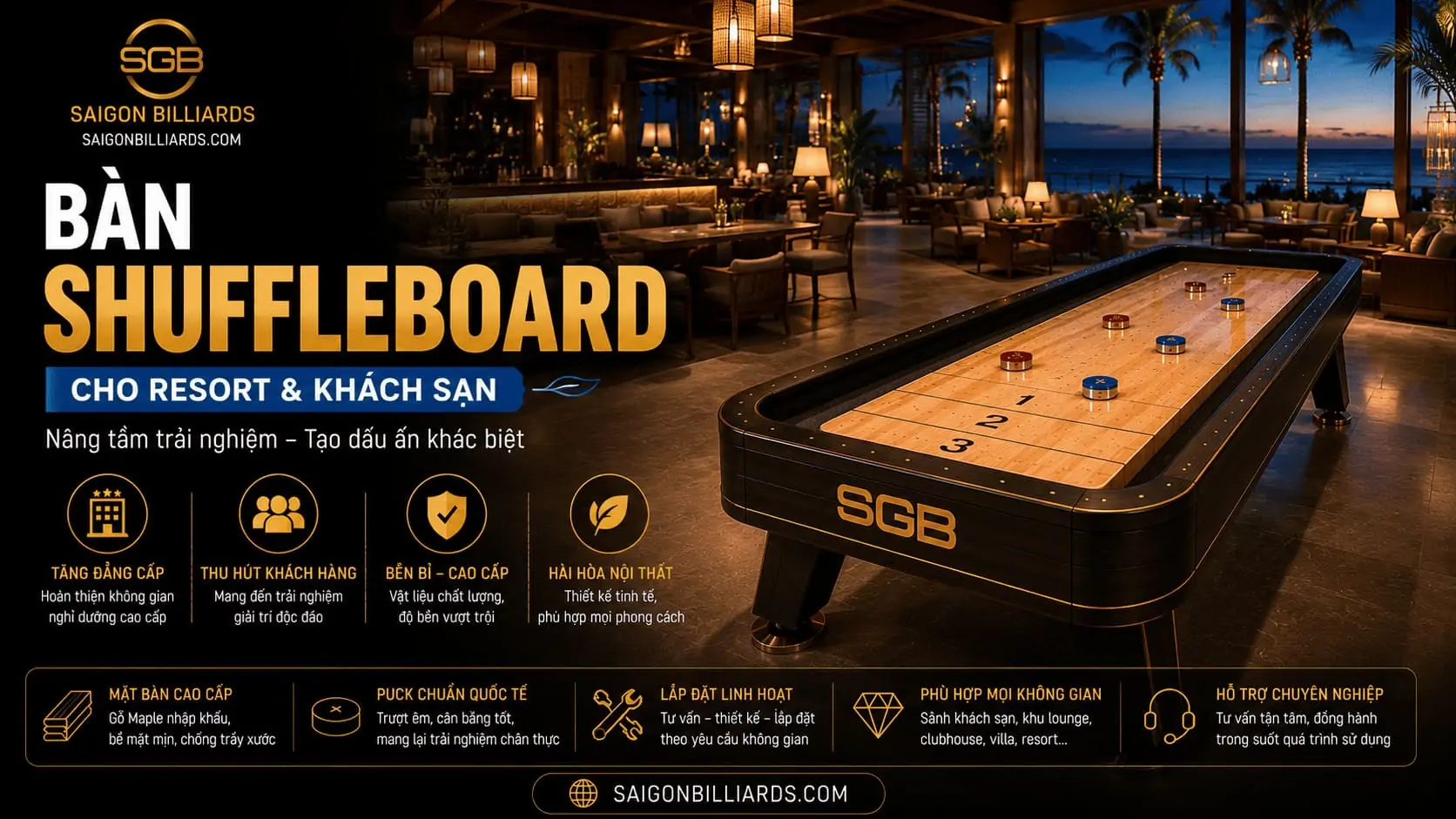 Infographic tóm tắt thông tin quan trọng về bàn shuffleboard resort.