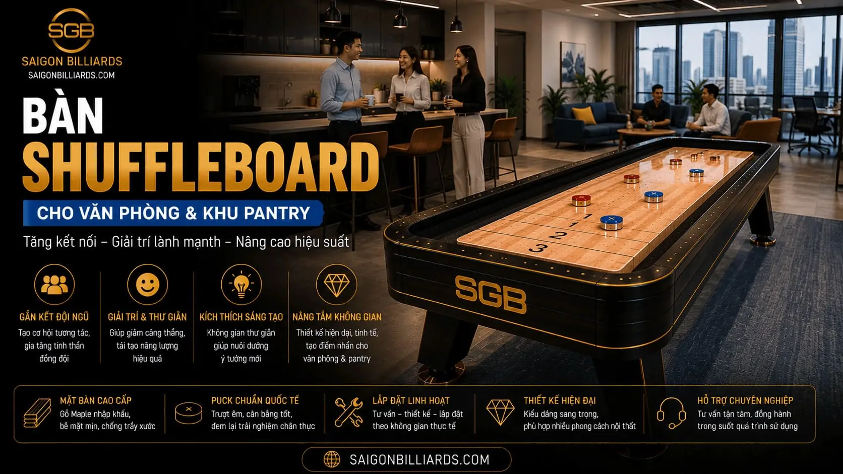 Infographic tóm tắt thông tin quan trọng về bàn shuffleboard văn phòng.