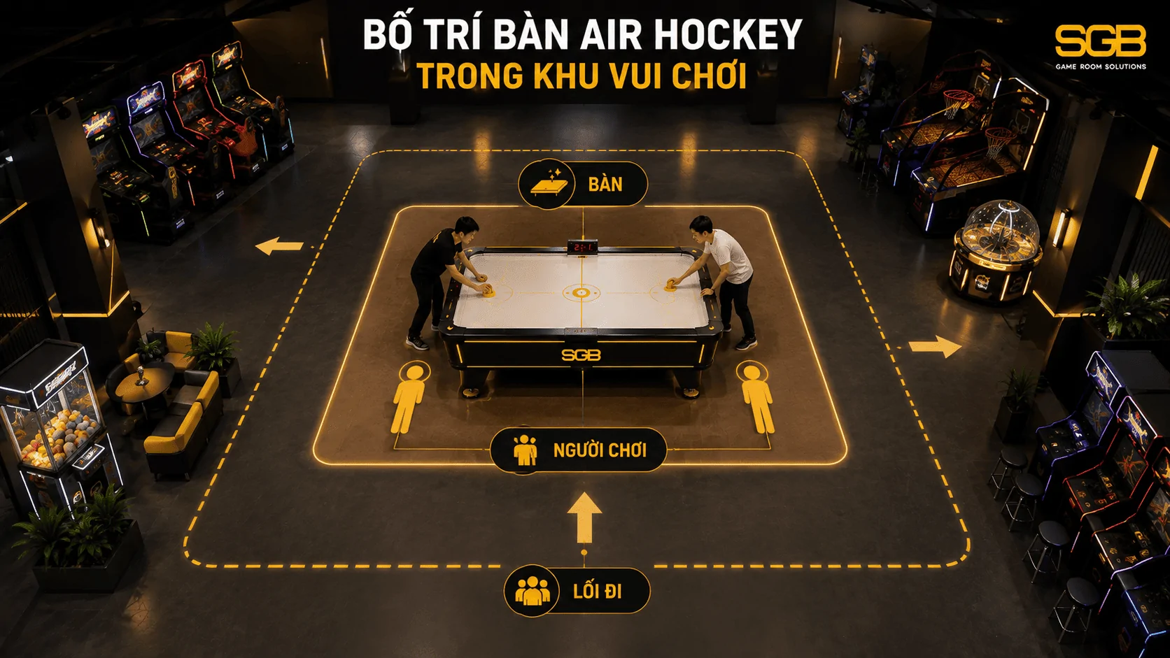 Bố tr&iacute; b&agrave;n Air Hockey trong khu vui chơi