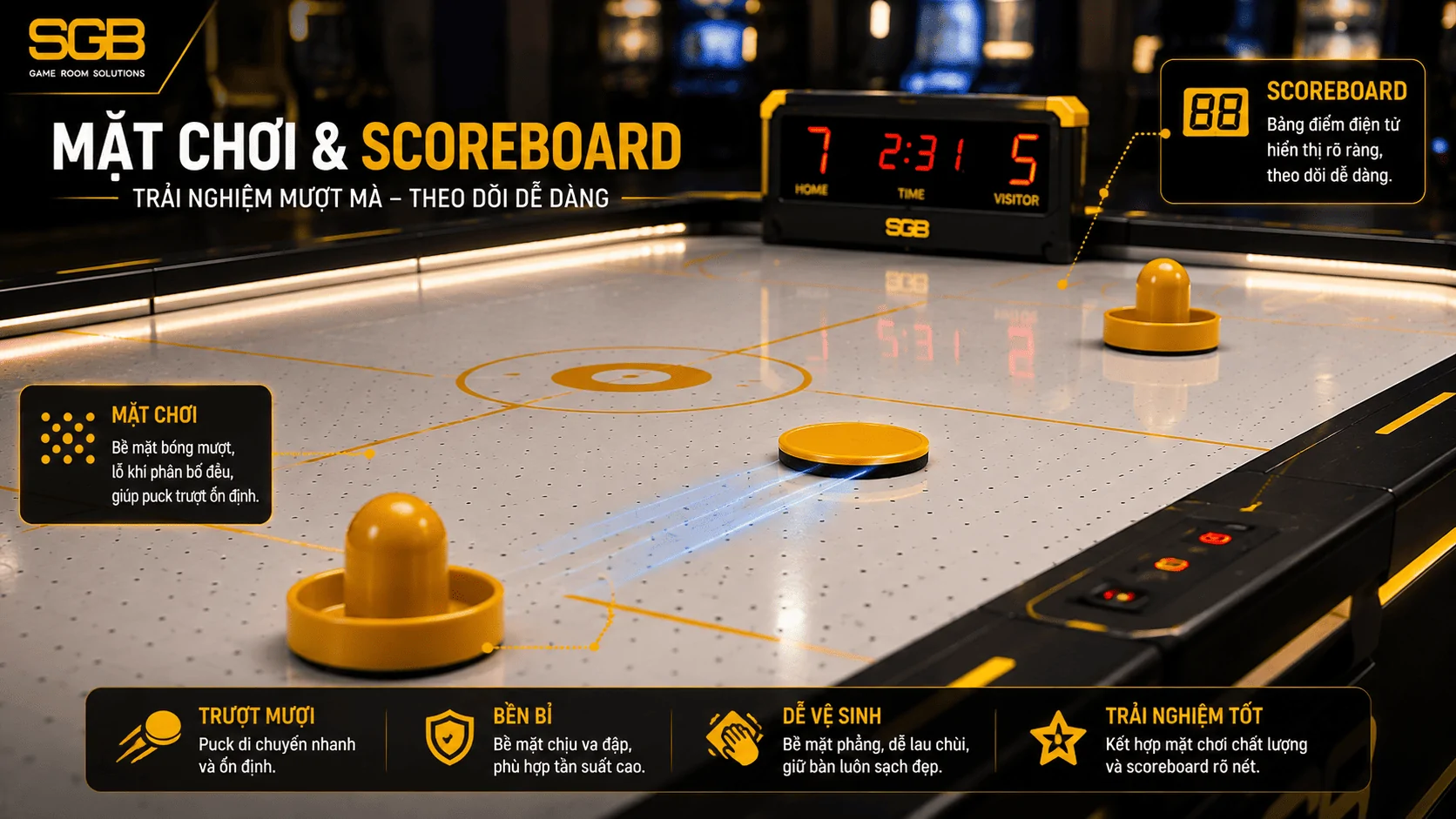 Mặt chơi v&agrave; bảng điểm b&agrave;n Air Hockey