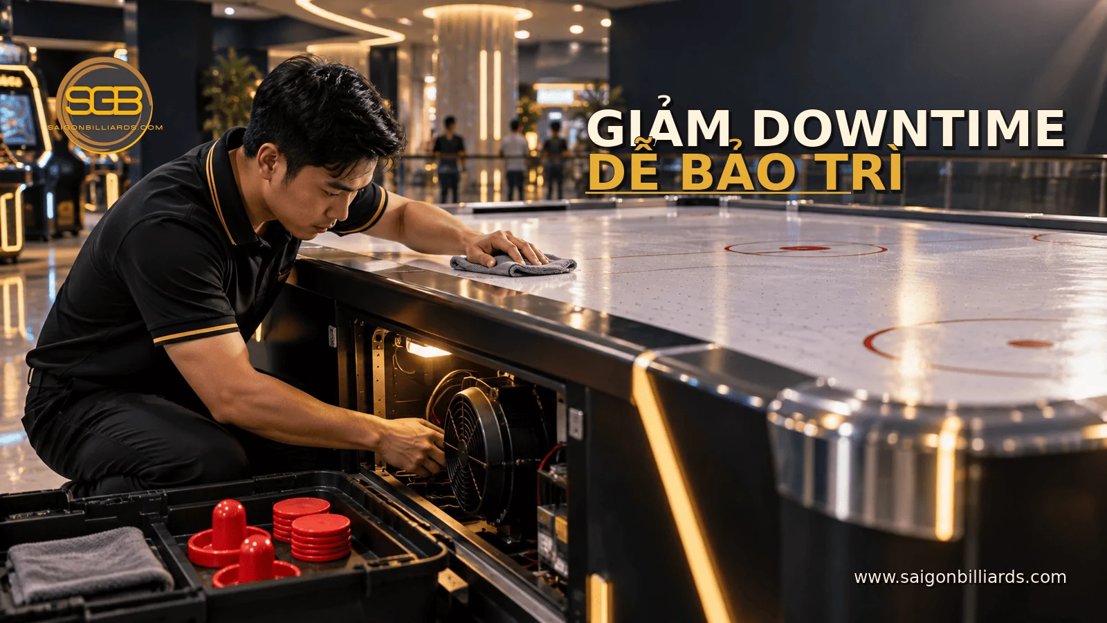 bảo tr&igrave; b&agrave;n air hockey v&agrave; chuẩn bị puck tay đẩy dự ph&ograve;ng