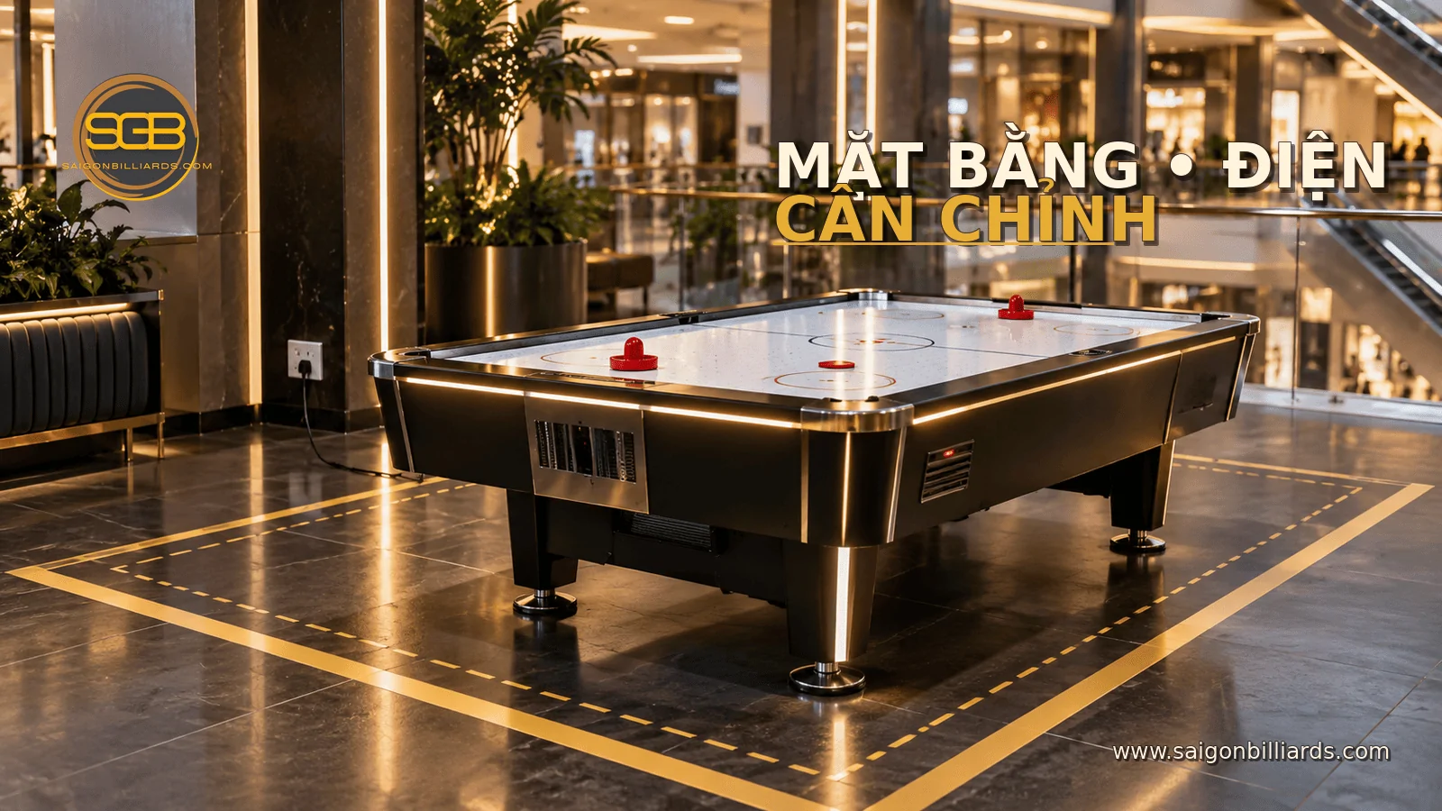 bố tr&iacute; b&agrave;n air hockey trong trung t&acirc;m thương mại đ&uacute;ng khoảng chơi
