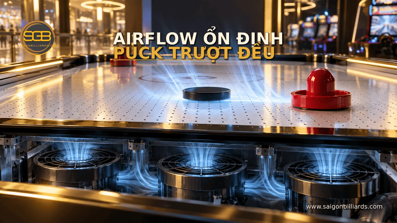 hệ thống quạt v&agrave; mặt b&agrave;n air hockey gi&uacute;p puck trượt đều