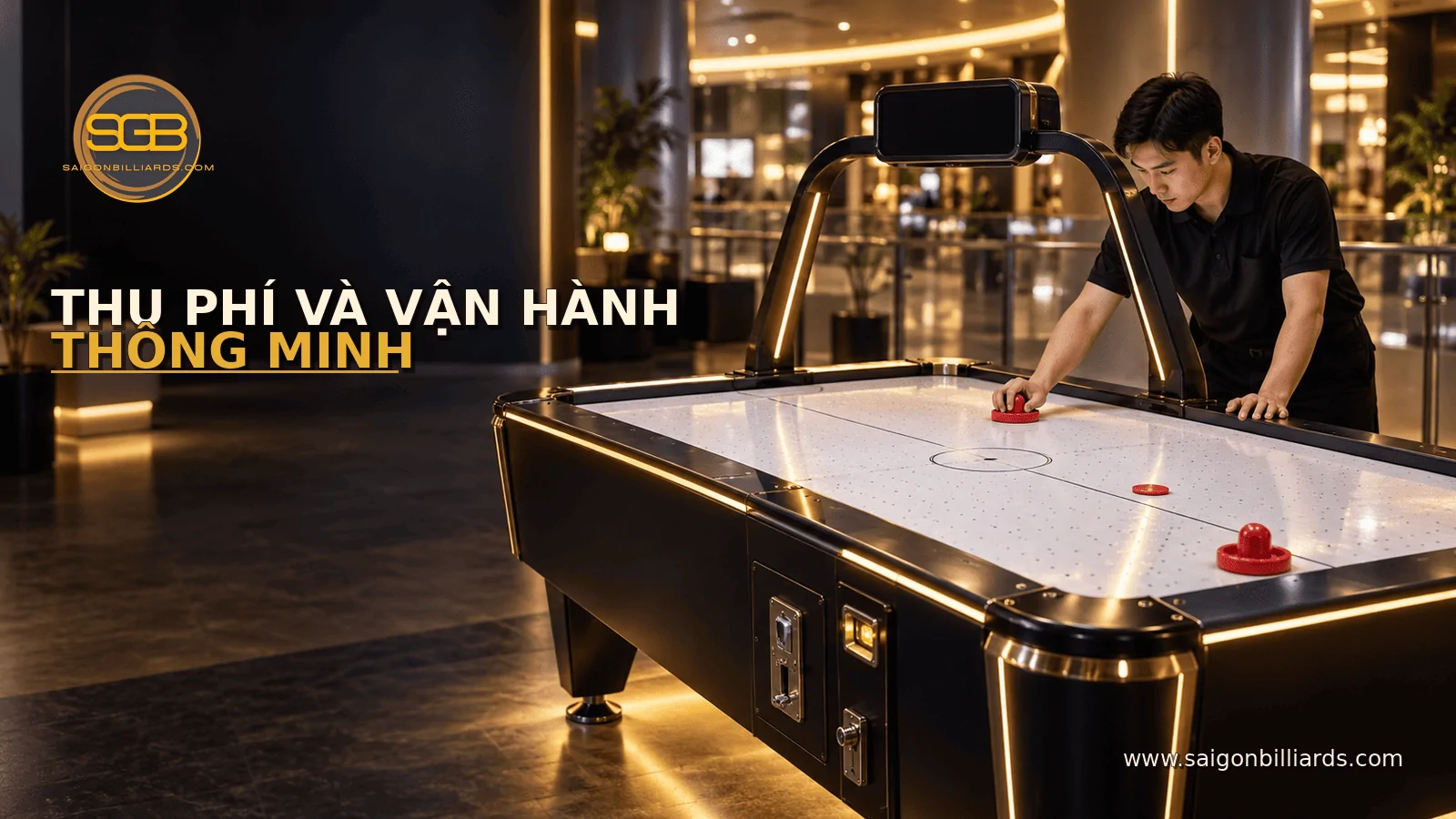 b&agrave;n air hockey thu ph&iacute; với bảng điểm điện tử tại khu vui chơi