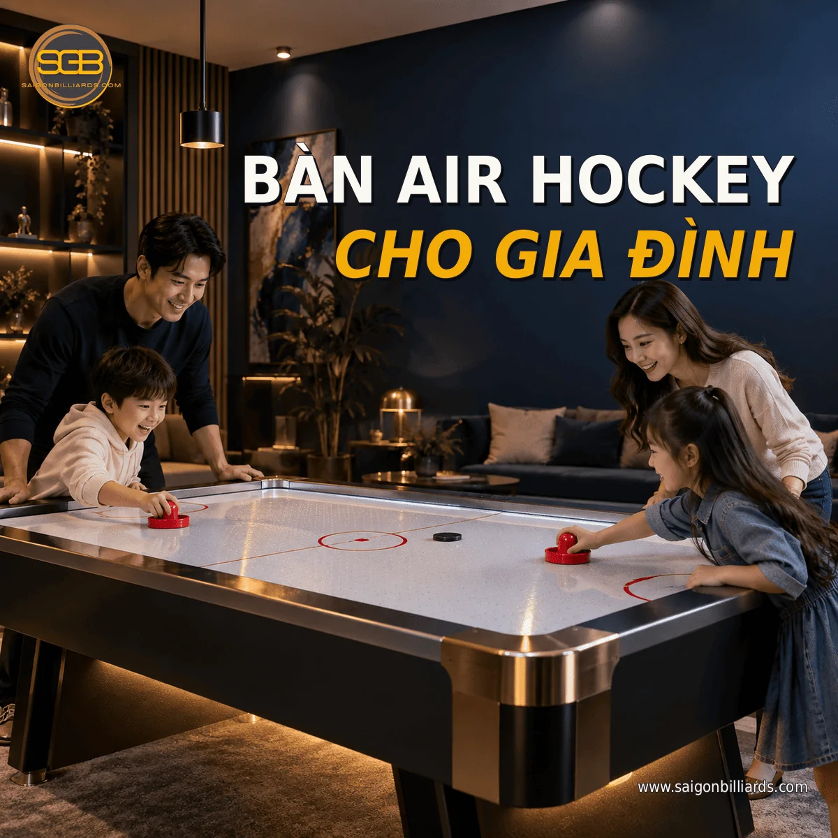 b&agrave;n air hockey cho gia đ&igrave;nh trong ph&ograve;ng game hiện đại