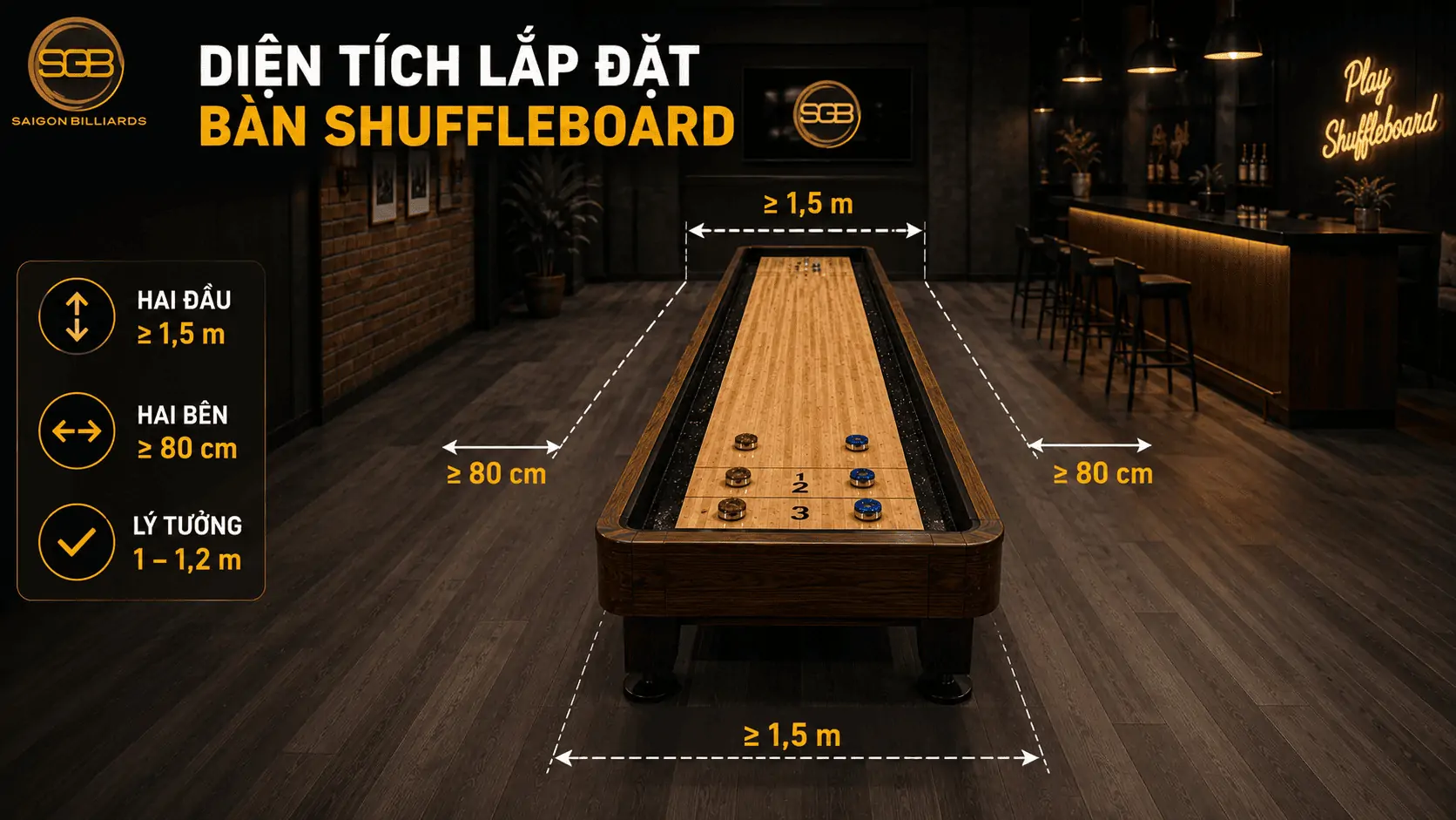 Diện t&iacute;ch lắp đặt b&agrave;n Shuffleboard với khoảng trống cho người chơi di chuyển