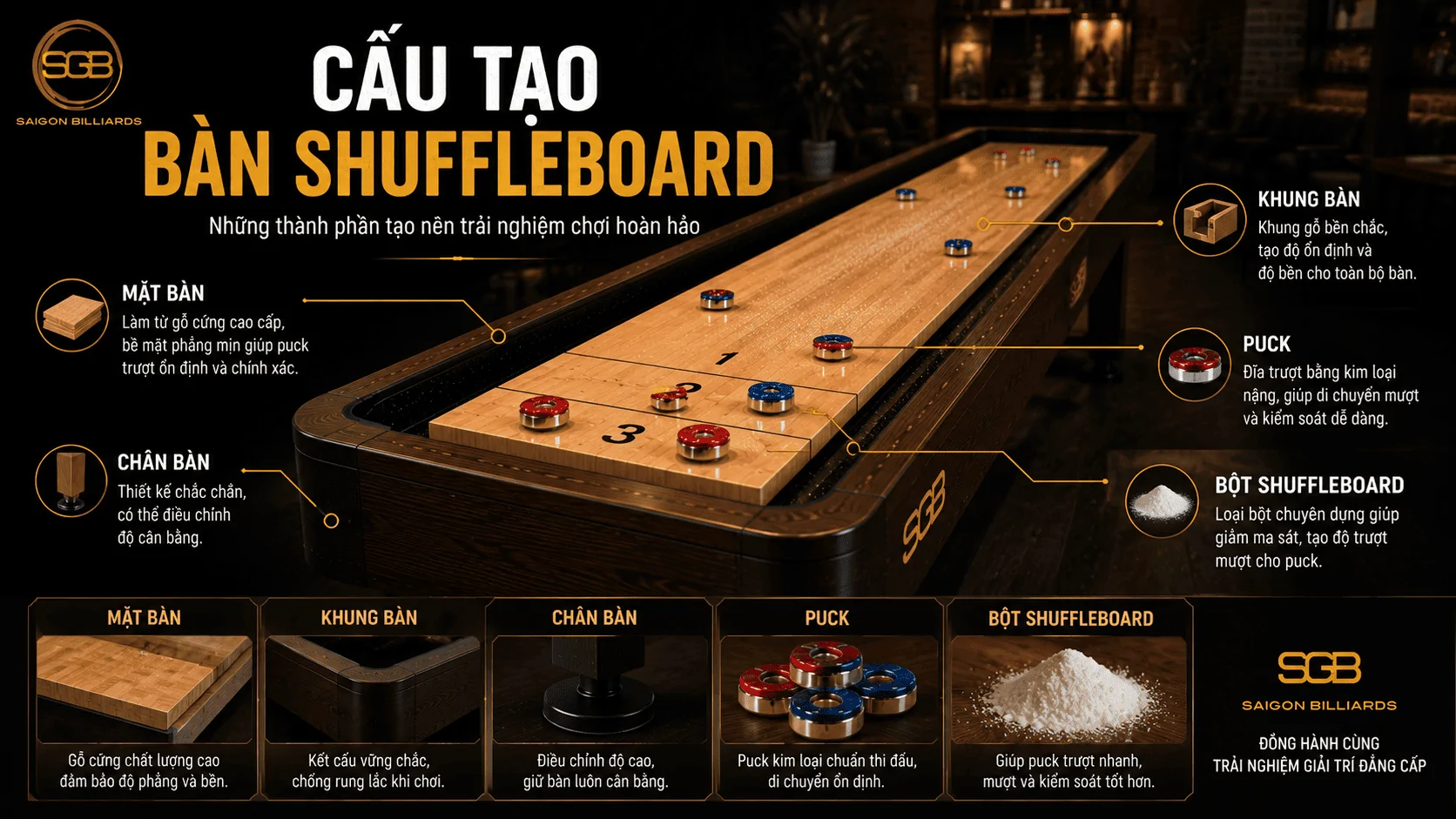 Cấu tạo b&agrave;n Shuffleboard gồm mặt b&agrave;n, khung, ch&acirc;n, puck v&agrave; bột chuy&ecirc;n dụng