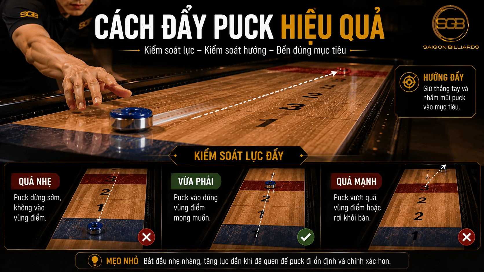 C&aacute;ch đẩy puck Shuffleboard v&agrave; kiểm so&aacute;t lực hiệu quả