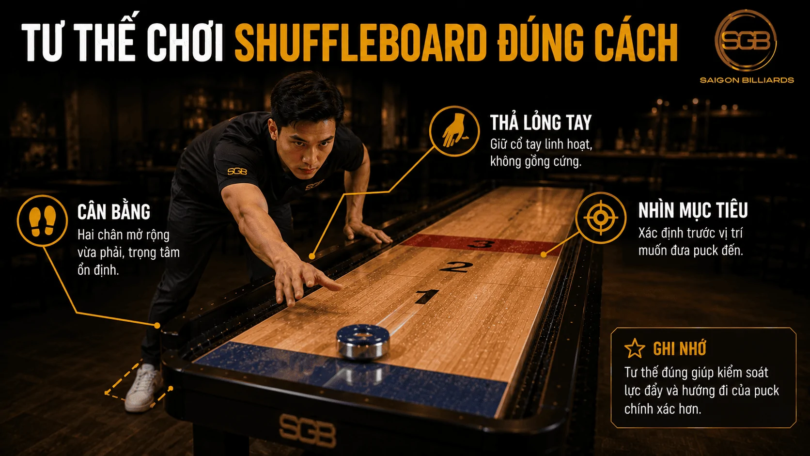 Tư thế chơi Shuffleboard đ&uacute;ng c&aacute;ch cho người mới