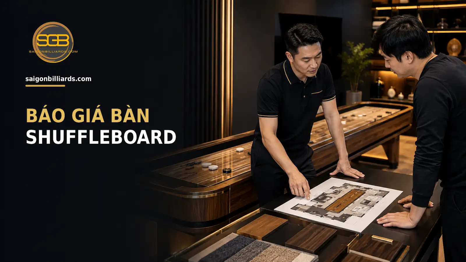 Báo Giá Bàn Shuffleboard tư vấn viên xem mặt bằng, vật liệu và điều kiện lắp đặt bàn shuffleboard