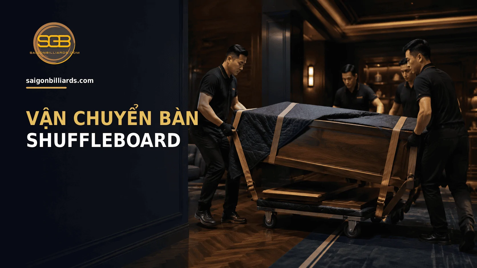 đội kỹ thuật vận chuyển b&agrave;n shuffleboard bằng đệm v&agrave; xe đẩy