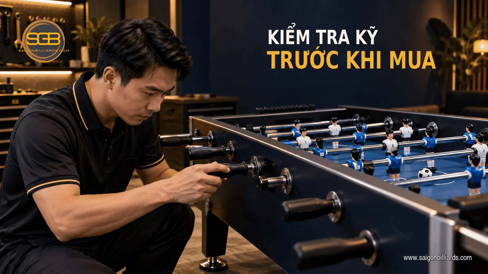 kiểm tra thanh điều khiển, tay cầm v&agrave; cầu thủ của b&agrave;n bi lắc
