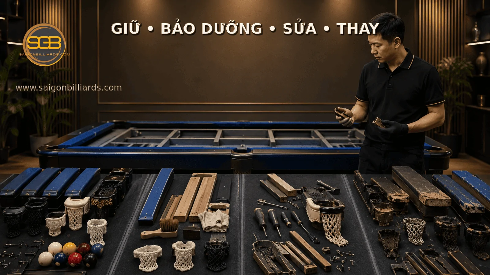c&aacute;c bộ phận b&agrave;n bida cũ được ph&acirc;n loại theo t&igrave;nh trạng