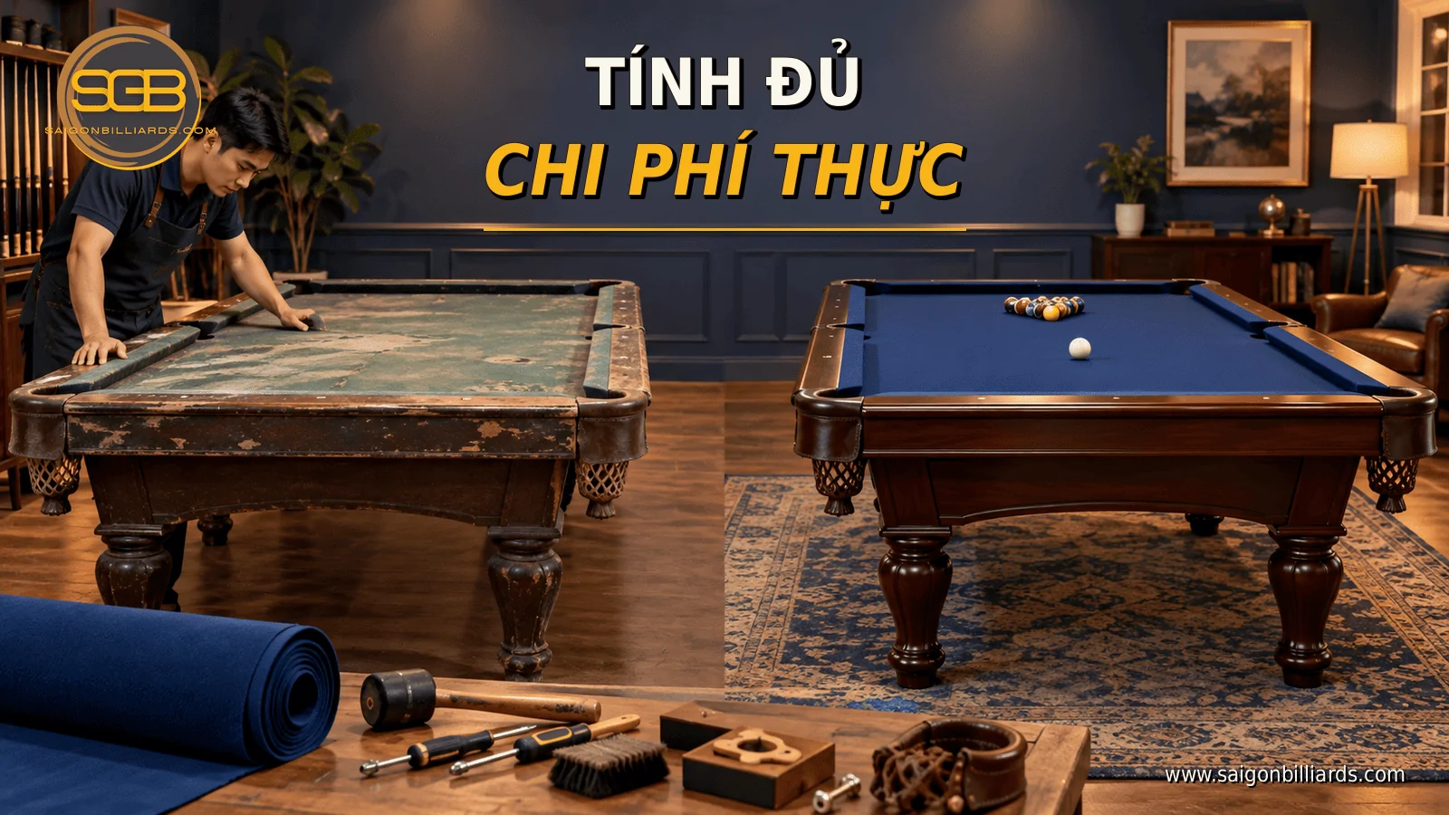 kỹ thuật vi&ecirc;n đ&aacute;nh gi&aacute; b&agrave;n bida cũ trước khi t&acirc;n trang cho gia đ&igrave;nh