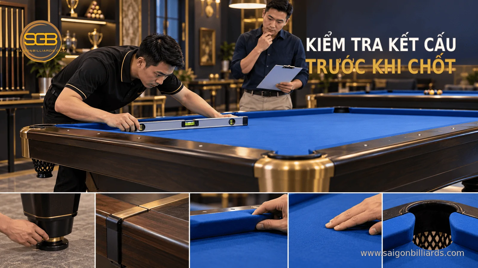 kiểm tra mặt đ&aacute;, khung, ch&acirc;n, băng v&agrave; nỉ b&agrave;n bida cũ cho CLB