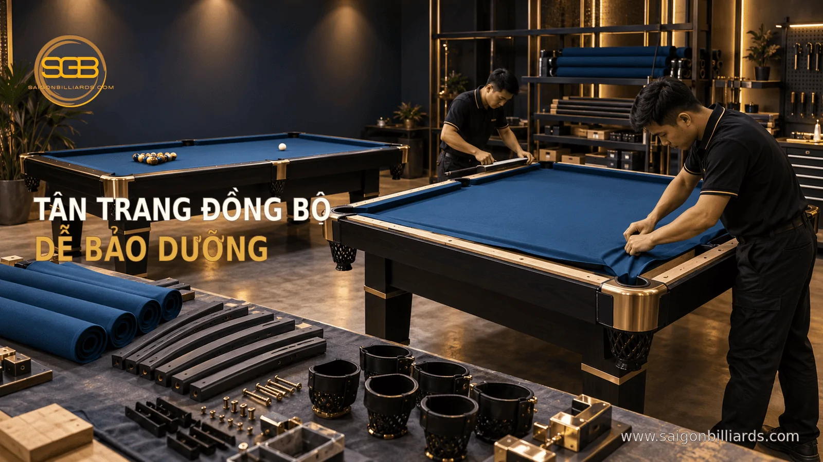 t&acirc;n trang đồng bộ b&agrave;n bida cũ cho CLB bằng nỉ v&agrave; linh kiện ph&ugrave; hợp