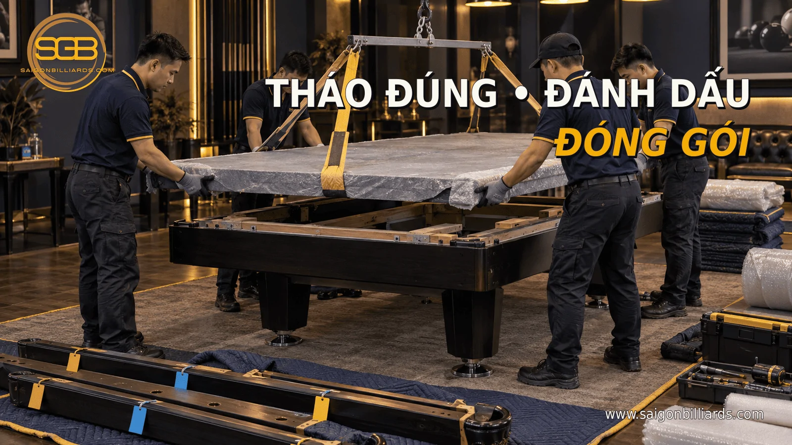 vận chuyển b&agrave;n bida cũ an to&agrave;n với mặt đ&aacute; v&agrave; linh kiện được đ&aacute;nh dấu