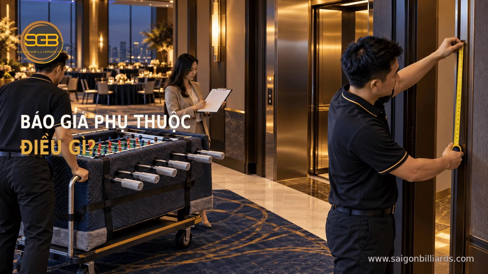 khảo s&aacute;t giao lắp b&agrave;n bi lắc sự kiện qua cửa v&agrave; thang m&aacute;y