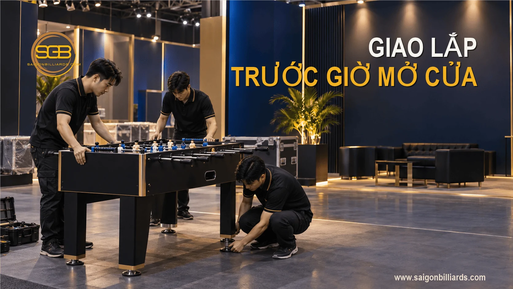 giao lắp b&agrave;n bi lắc tại trung t&acirc;m hội chợ trước giờ mở cửa