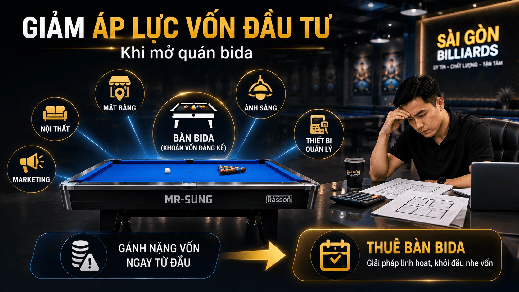 Thu&ecirc; b&agrave;n bida gi&uacute;p giảm &aacute;p lực vốn đầu tư ban đầu