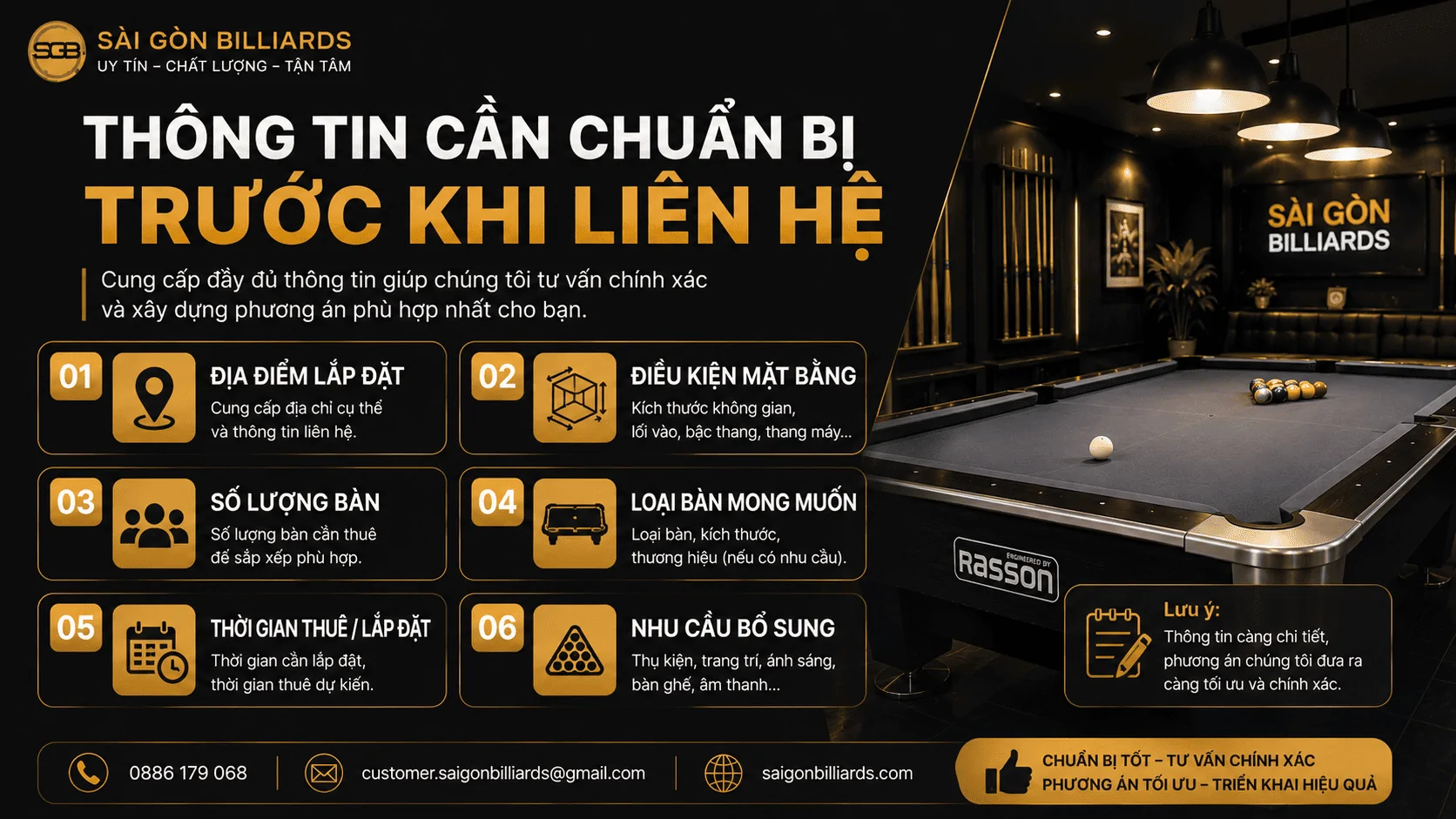 Checklist th&ocirc;ng tin cần chuẩn bị trước khi li&ecirc;n hệ đơn vị cho thu&ecirc; b&agrave;n bida