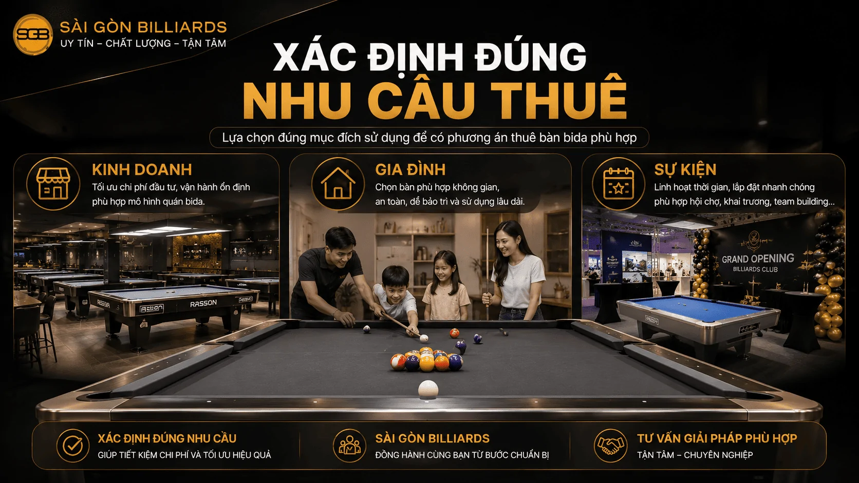 Ba nhu cầu thu&ecirc; b&agrave;n bida gồm kinh doanh, gia đ&igrave;nh v&agrave; sự kiện