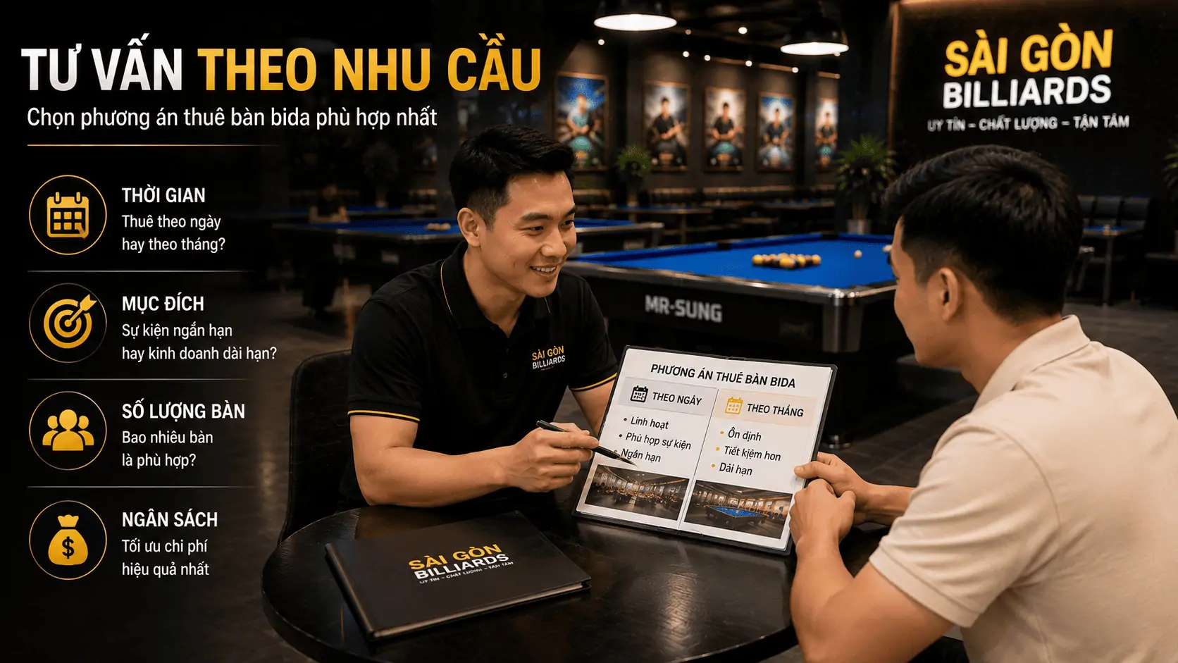 Tư vấn lựa chọn thu&ecirc; b&agrave;n bida theo ng&agrave;y hoặc theo th&aacute;ng
