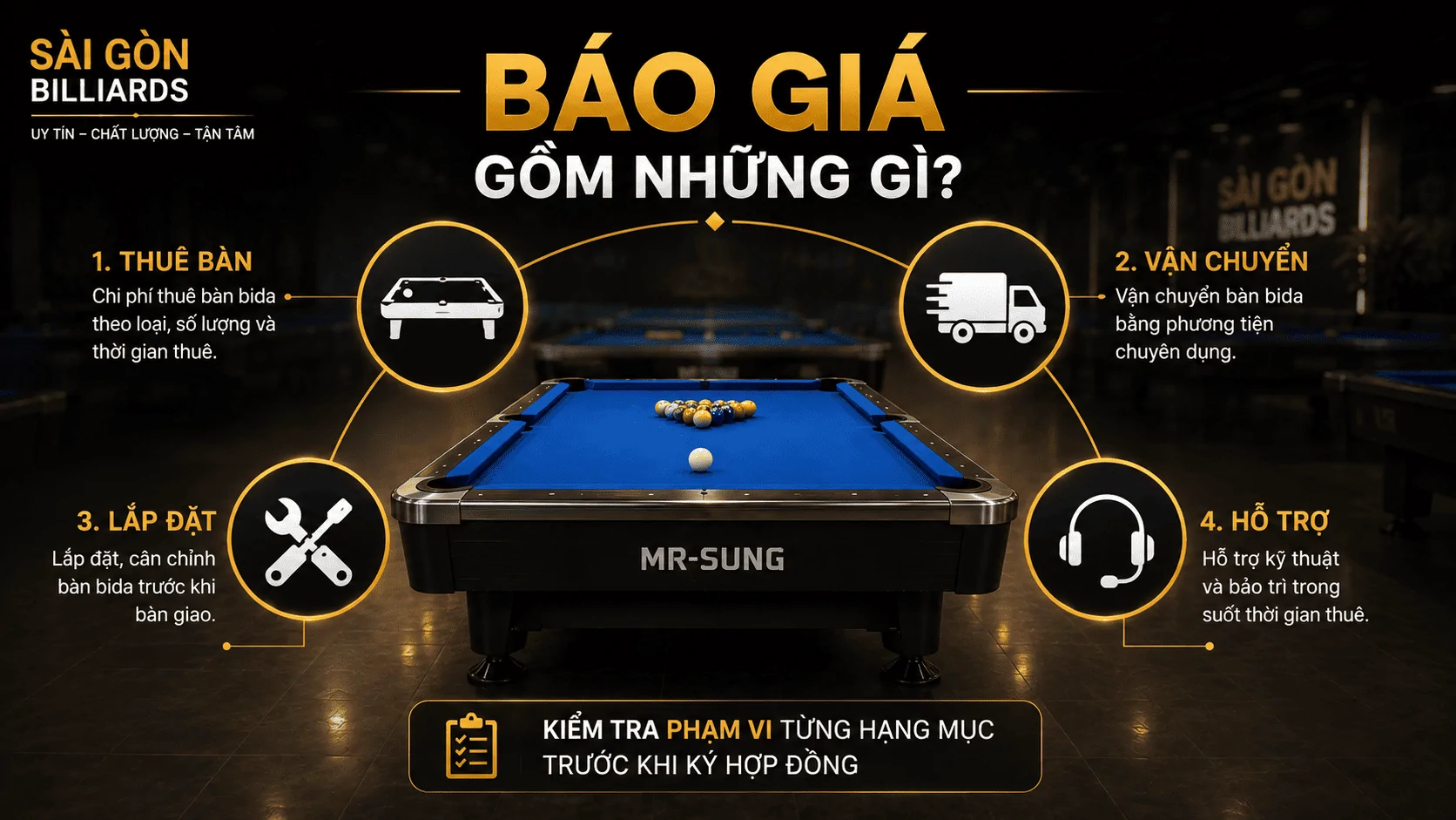 C&aacute;c hạng mục ch&iacute;nh trong b&aacute;o gi&aacute; thu&ecirc; b&agrave;n bida