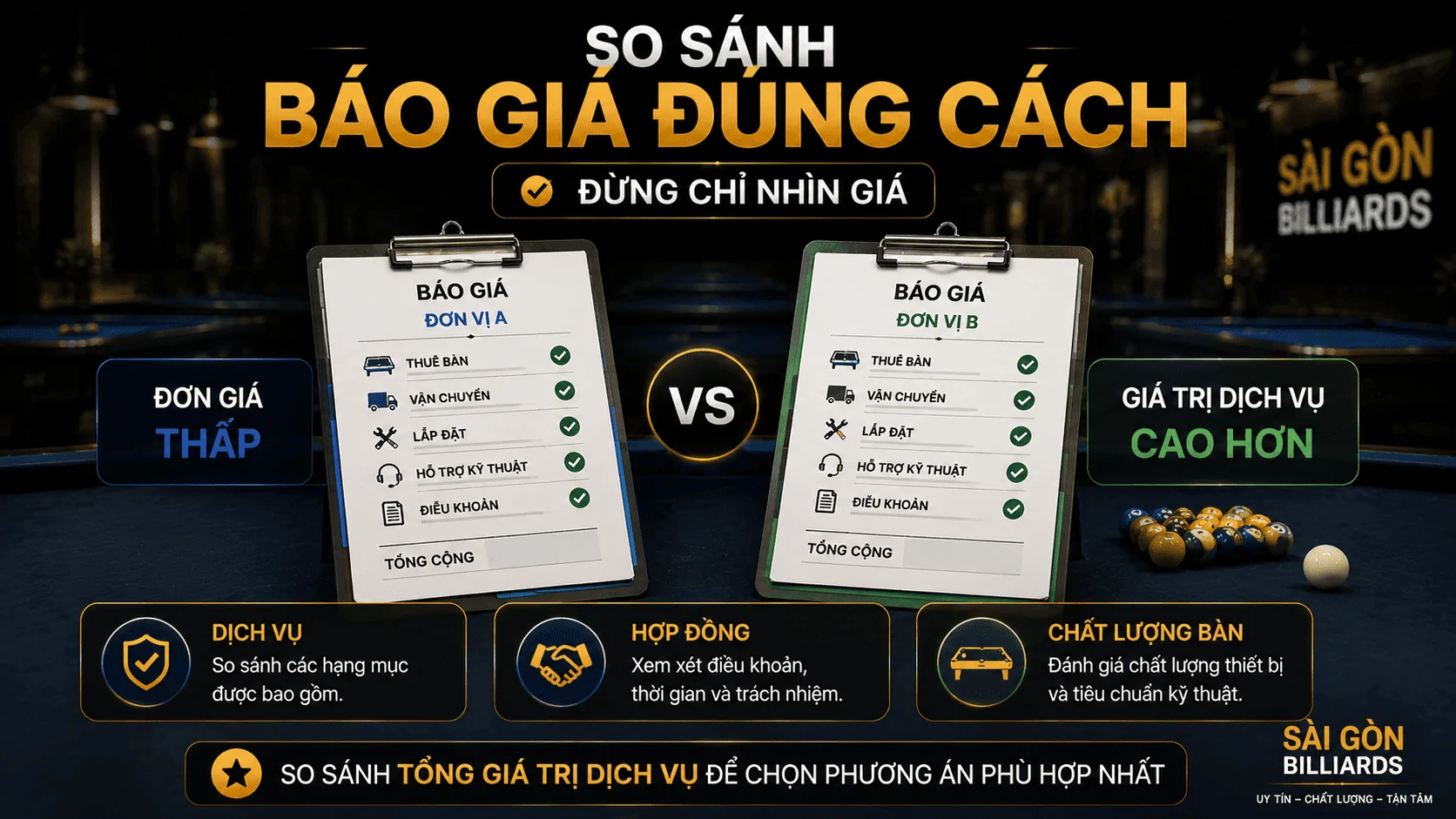 C&aacute;ch so s&aacute;nh b&aacute;o gi&aacute; thu&ecirc; b&agrave;n bida giữa c&aacute;c đơn vị