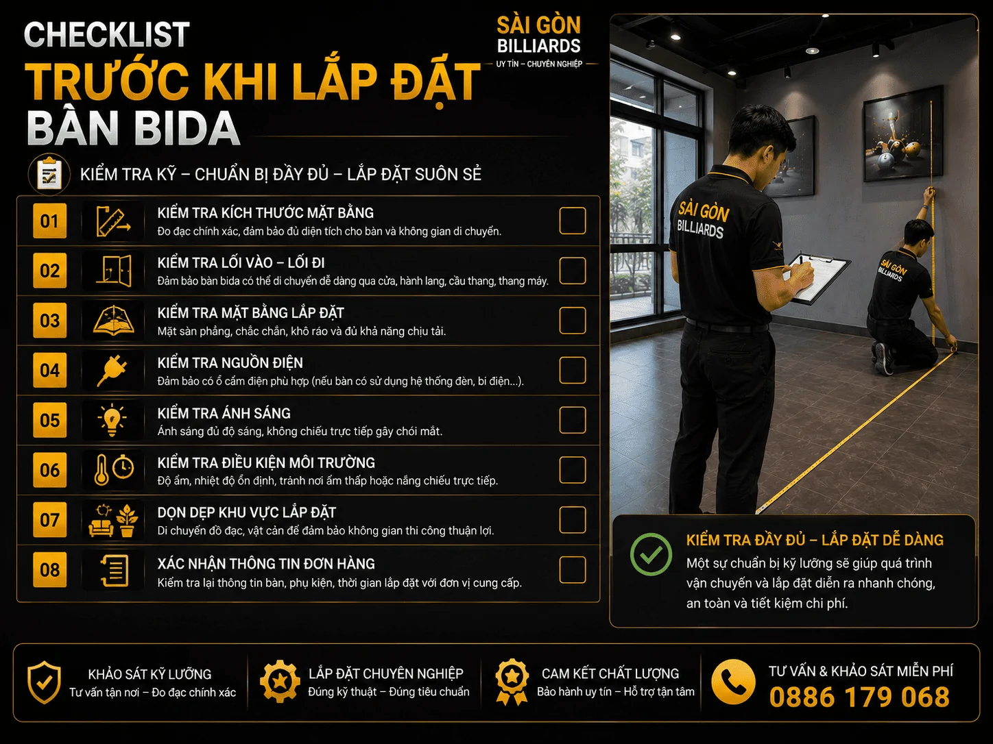 Checklist chuẩn bị trước khi lắp đặt b&agrave;n bida