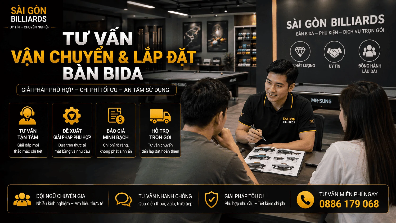 Tư vấn vận chuyển v&agrave; lắp đặt b&agrave;n bida