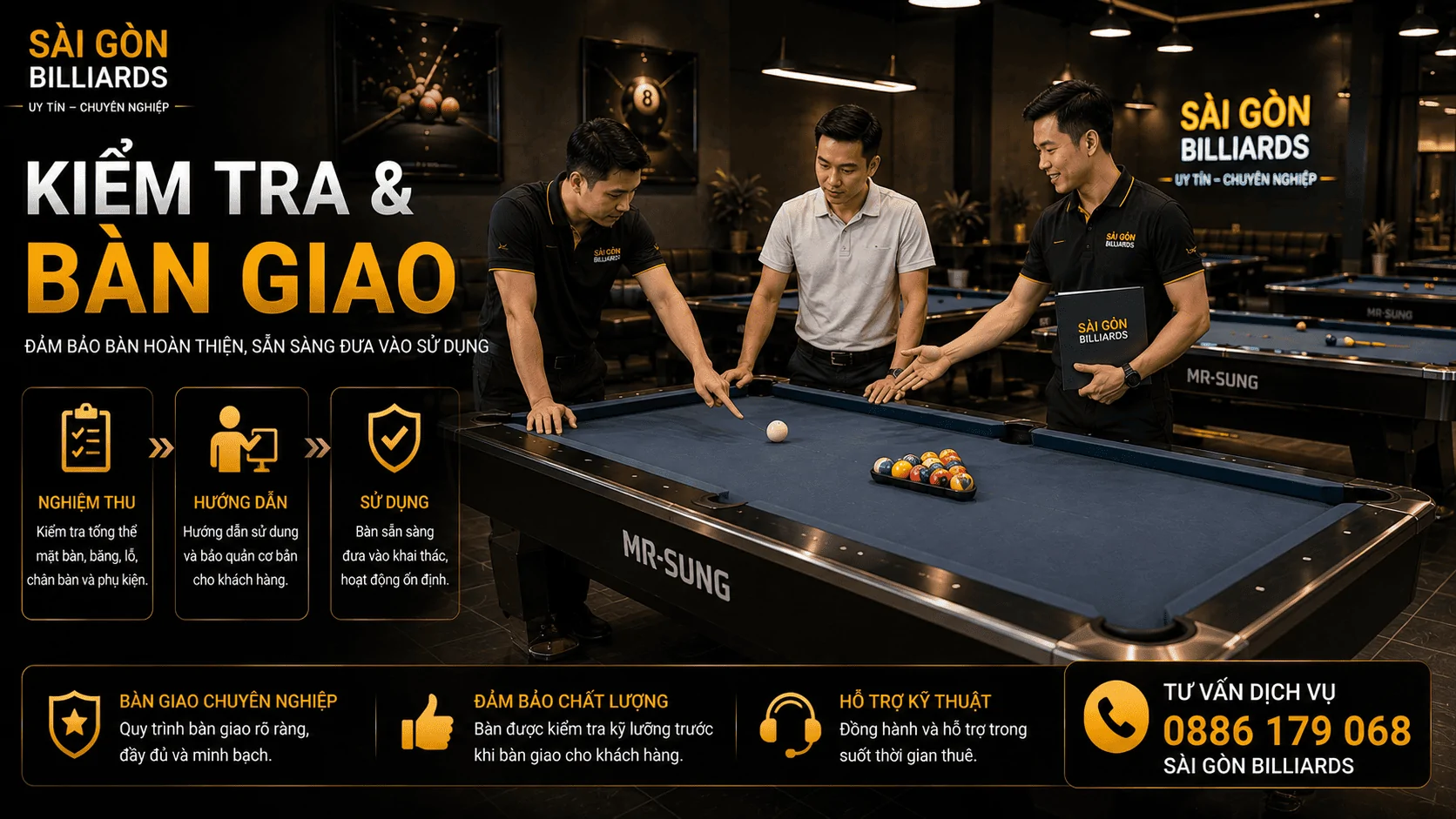 B&agrave;n giao v&agrave; hướng dẫn sử dụng b&agrave;n bida