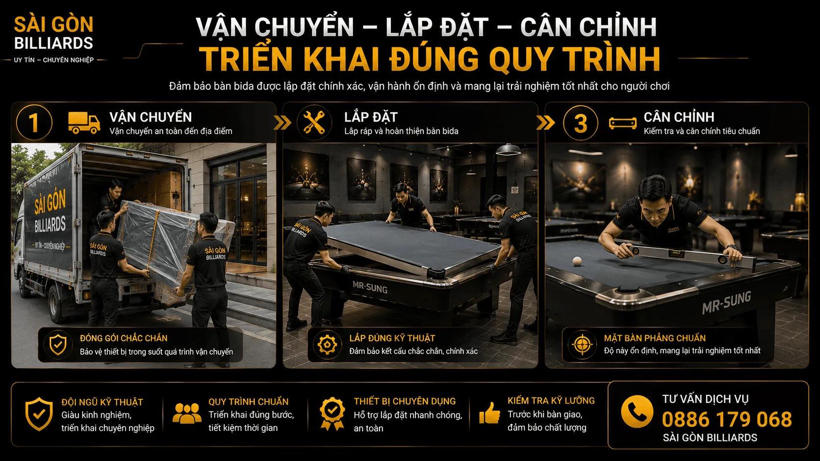 Vận chuyển lắp đặt v&agrave; c&acirc;n chỉnh b&agrave;n bida