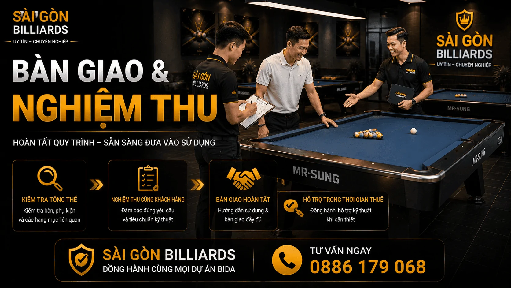 B&agrave;n giao nghiệm thu b&agrave;n bida sau lắp đặt