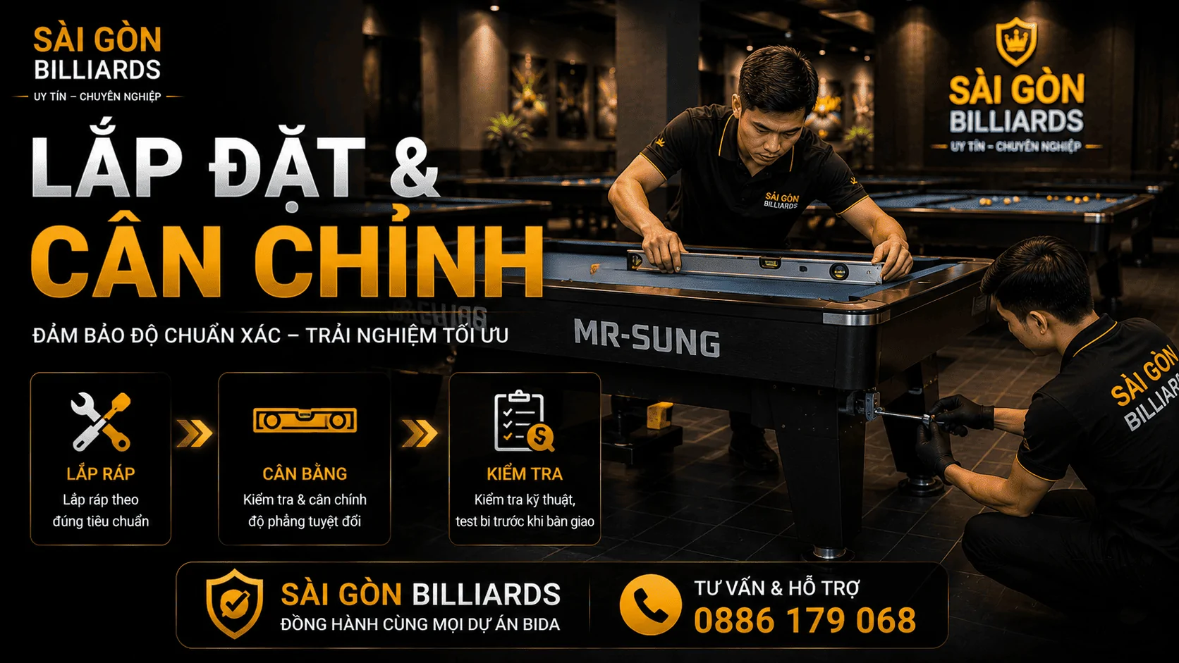 Lắp đặt v&agrave; c&acirc;n chỉnh b&agrave;n bida