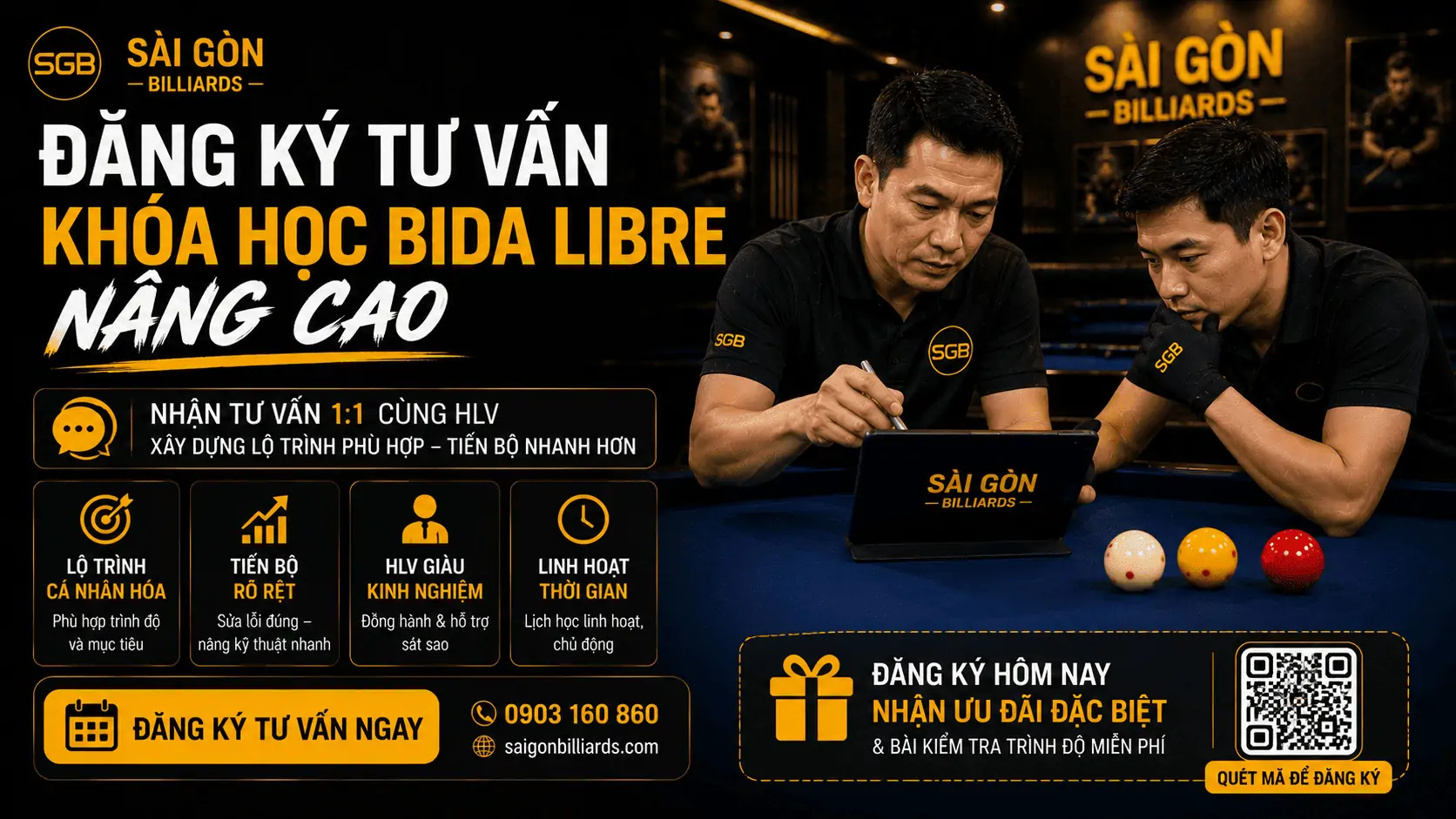 Đăng k&yacute; tư vấn kh&oacute;a học Bida Libre n&acirc;ng cao tại S&agrave;i G&ograve;n Billiards