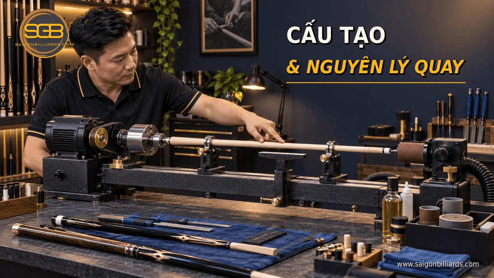 cấu tạo m&aacute;y tiện sửa cơ bida với motor, bộ g&aacute; v&agrave; gi&aacute; đỡ ngọn