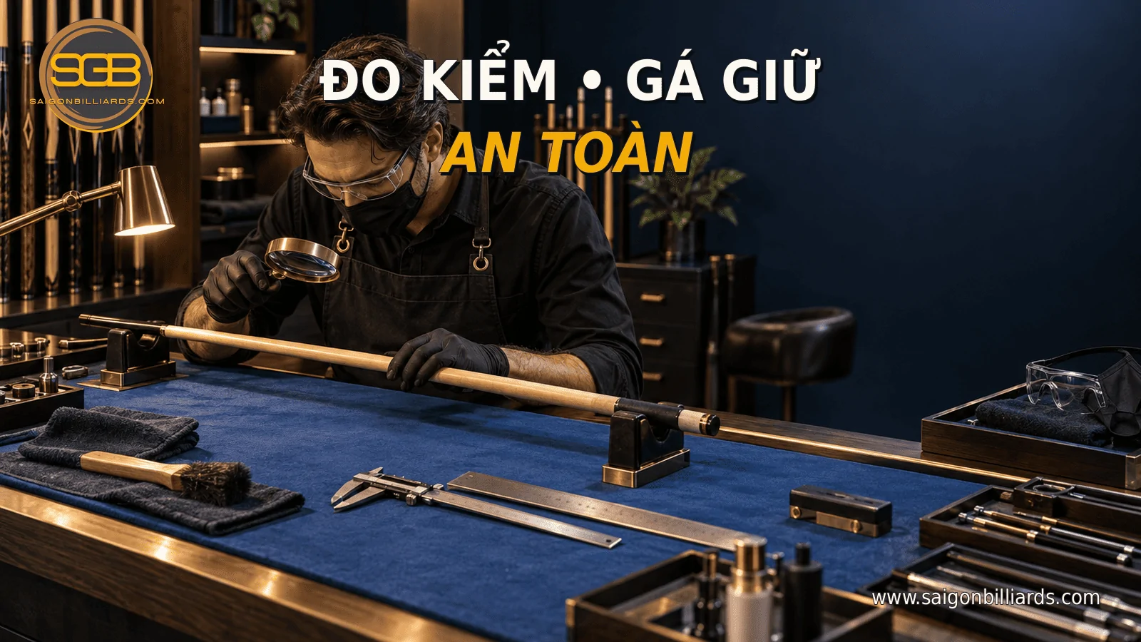 bộ dụng cụ sửa cơ bida cơ bản gồm thước g&aacute; v&agrave; bảo hộ