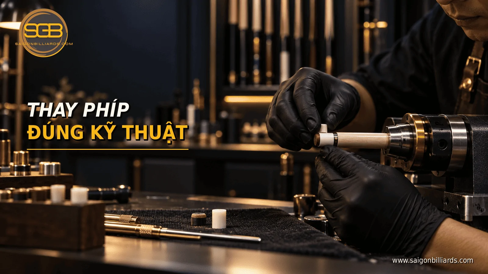thay ph&iacute;p cơ bida bằng m&aacute;y tiện với ferrule mới đồng t&acirc;m c&ugrave;ng ngọn cơ