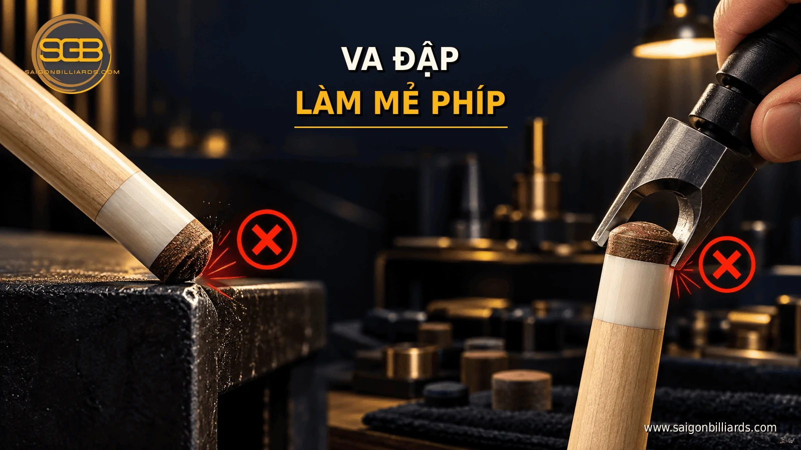 ph&iacute;p cơ bida bị mẻ do va đập v&agrave; thay đầu cơ sai kỹ thuật