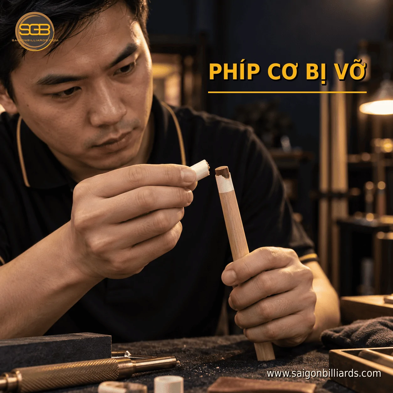 ph&iacute;p cơ bida bị vỡ mất một phần ferrule dưới đầu cơ