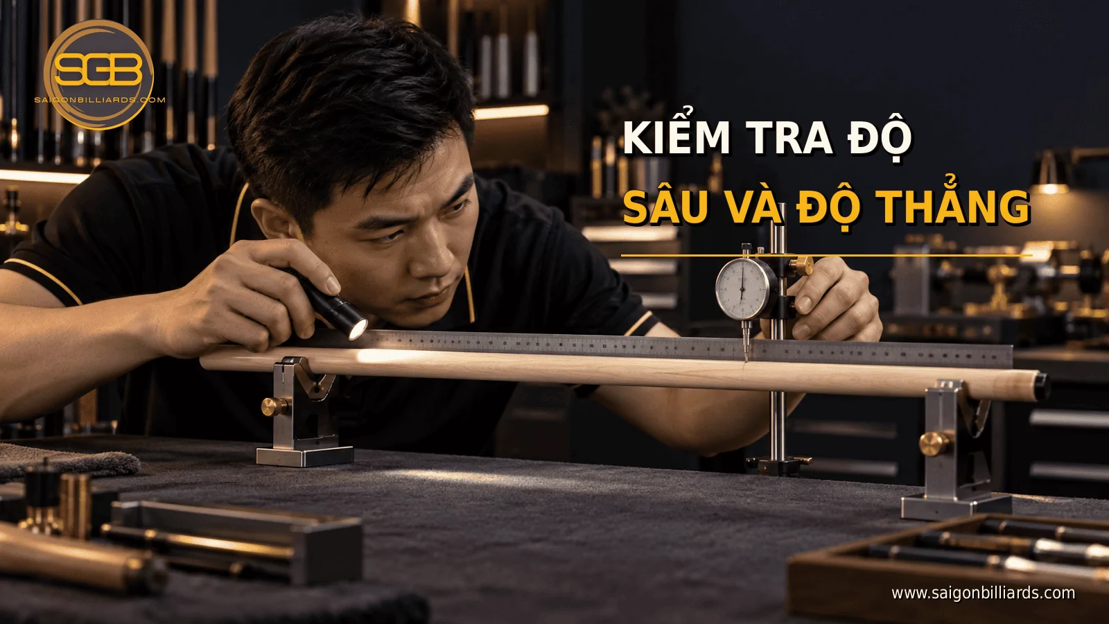 kiểm tra ngọn cơ bida bị t&aacute;ch gỗ dưới &aacute;nh s&aacute;ng xi&ecirc;n tr&ecirc;n gi&aacute; đỡ