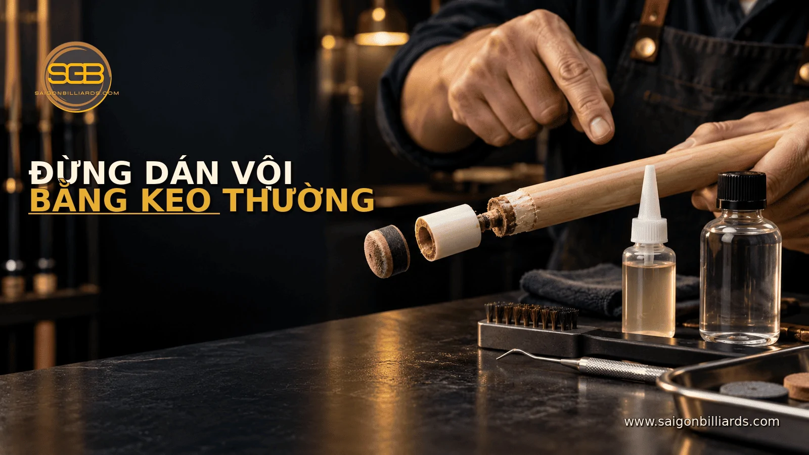 sai lầm d&aacute;n ph&iacute;p cơ bida khi chưa l&agrave;m sạch keo cũ
