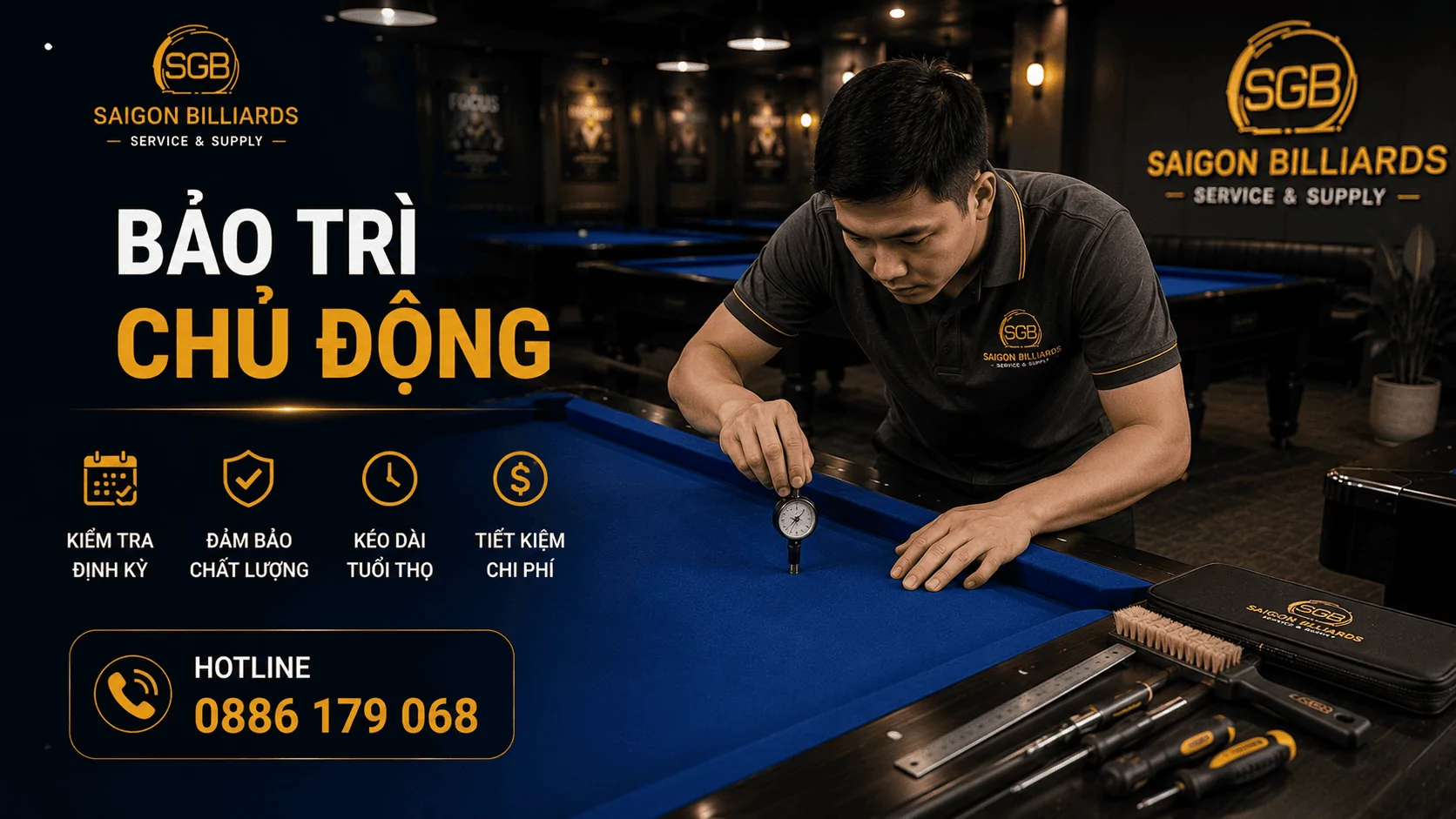 Bảo tr&igrave; vải b&agrave;n bida định kỳ tại S&agrave;i G&ograve;n Billiards