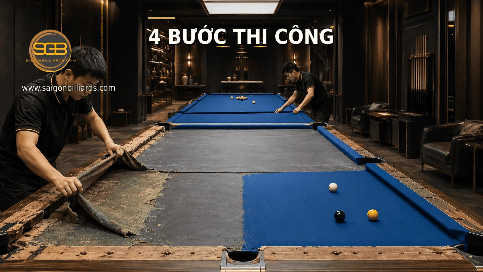 quy tr&igrave;nh thay vải b&agrave;n bida được thực hiện tại chỗ