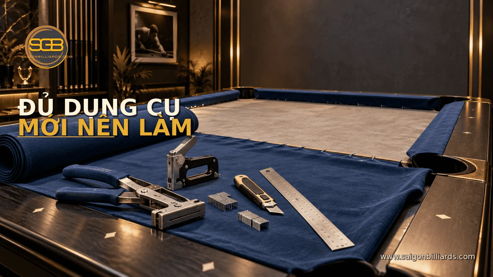 dụng cụ thay vải b&agrave;n bida gồm k&igrave;m căng vải ghim dao v&agrave; thước