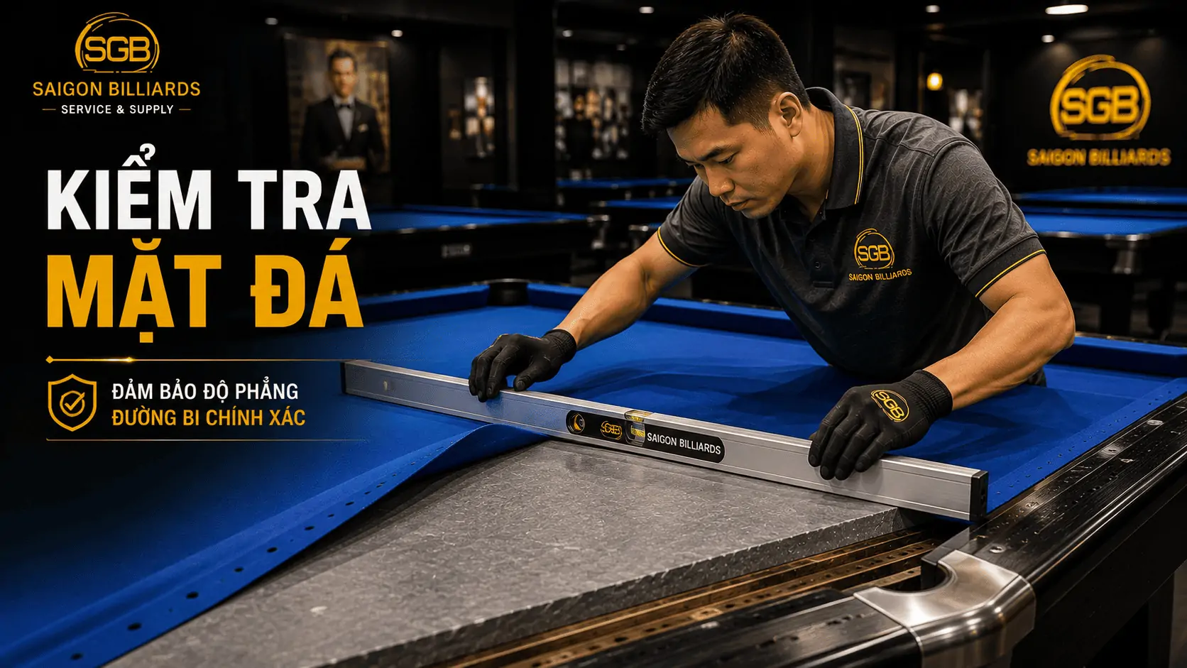 Kiểm tra độ phẳng mặt đ&aacute; b&agrave;n bida khi thay vải